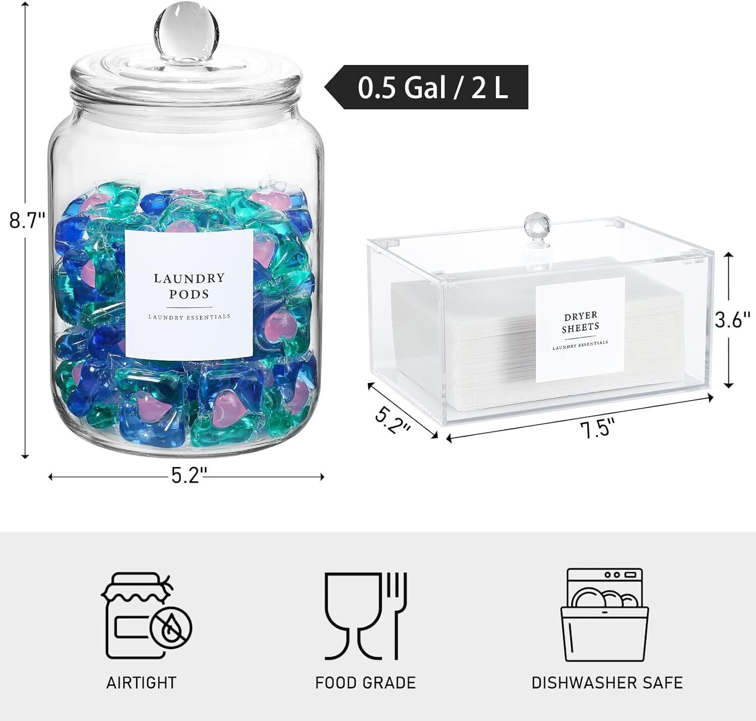 Airtight Glass Laundry Storage Jars Set – 1.5 Gallon Dispensers for Detergent, Pods, Dryer Sheets & More – Clear Organizer for Laundry Room & Bathroom