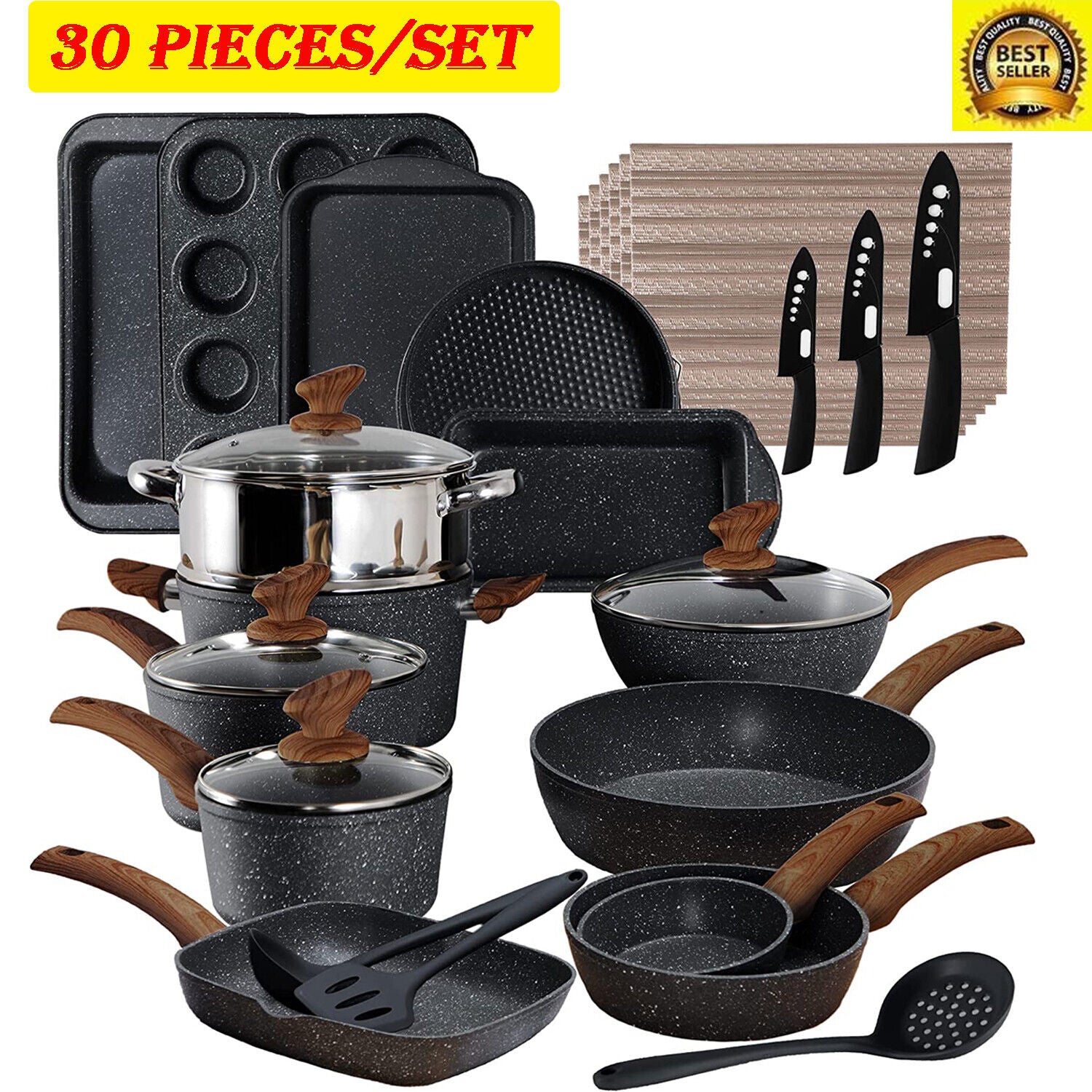 complete cookware 30 pcs set, Nonstick Pots and Pans Set - Granite Cookware & Bakeware, Induction Compatible, Toxin-Free, Includes Fry Pans, Saucepans