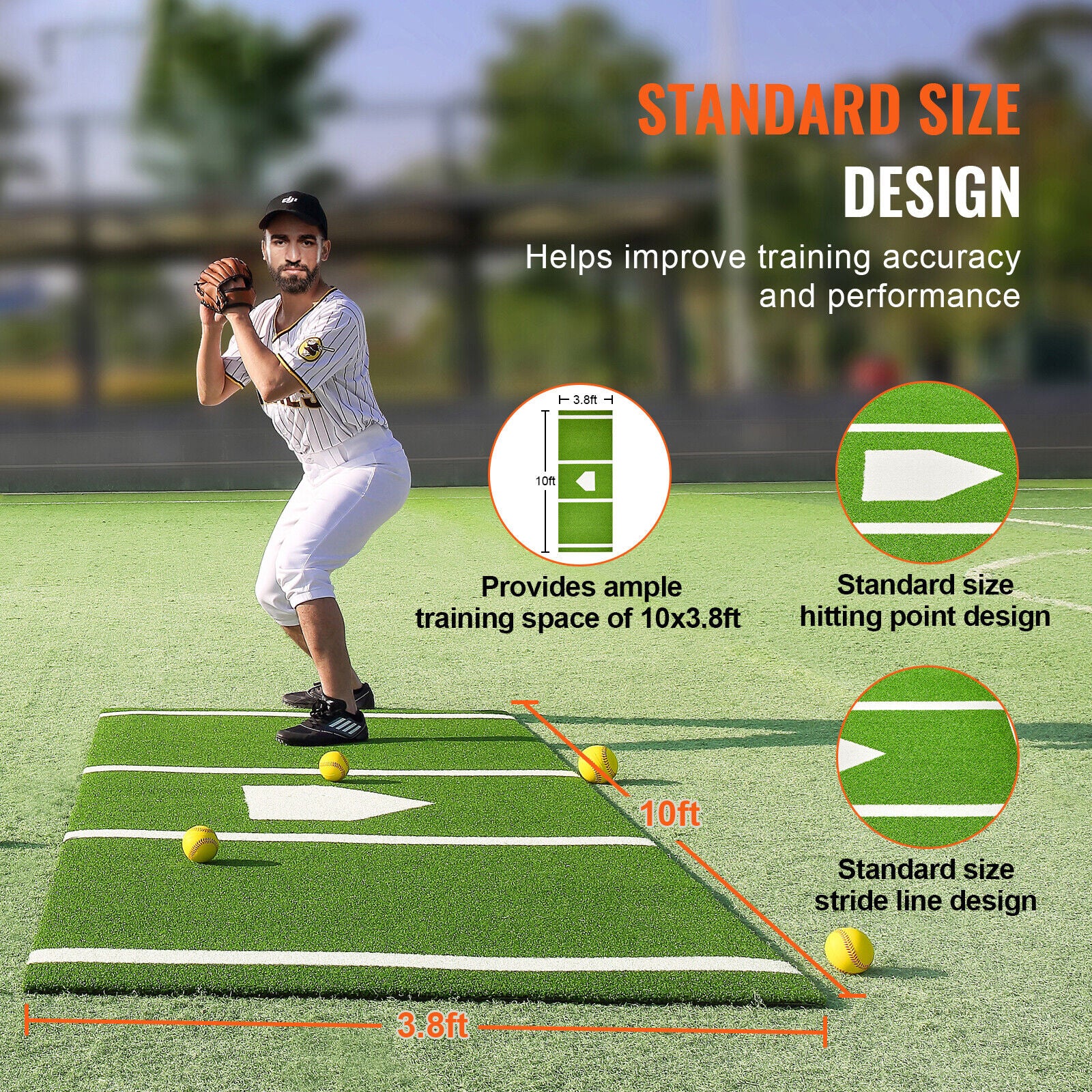 Baseball Softball Hitting Mat 10x3.8FT – Non-Slip Batting Mat w/Stride Lines, Thick Foam Backing, Durable Turf, Easy to Store – Perfect for Training !