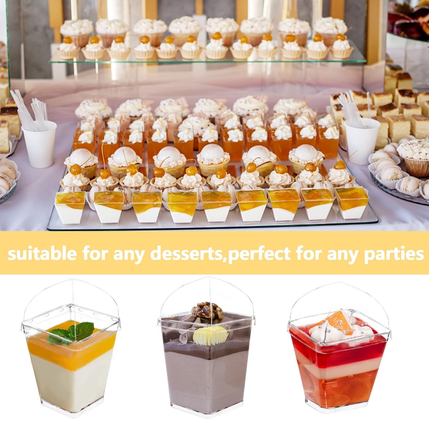 50 Count 5OZ Dessert Cups with Lids and Spoons Square Plastic Dessert Cups Cl...