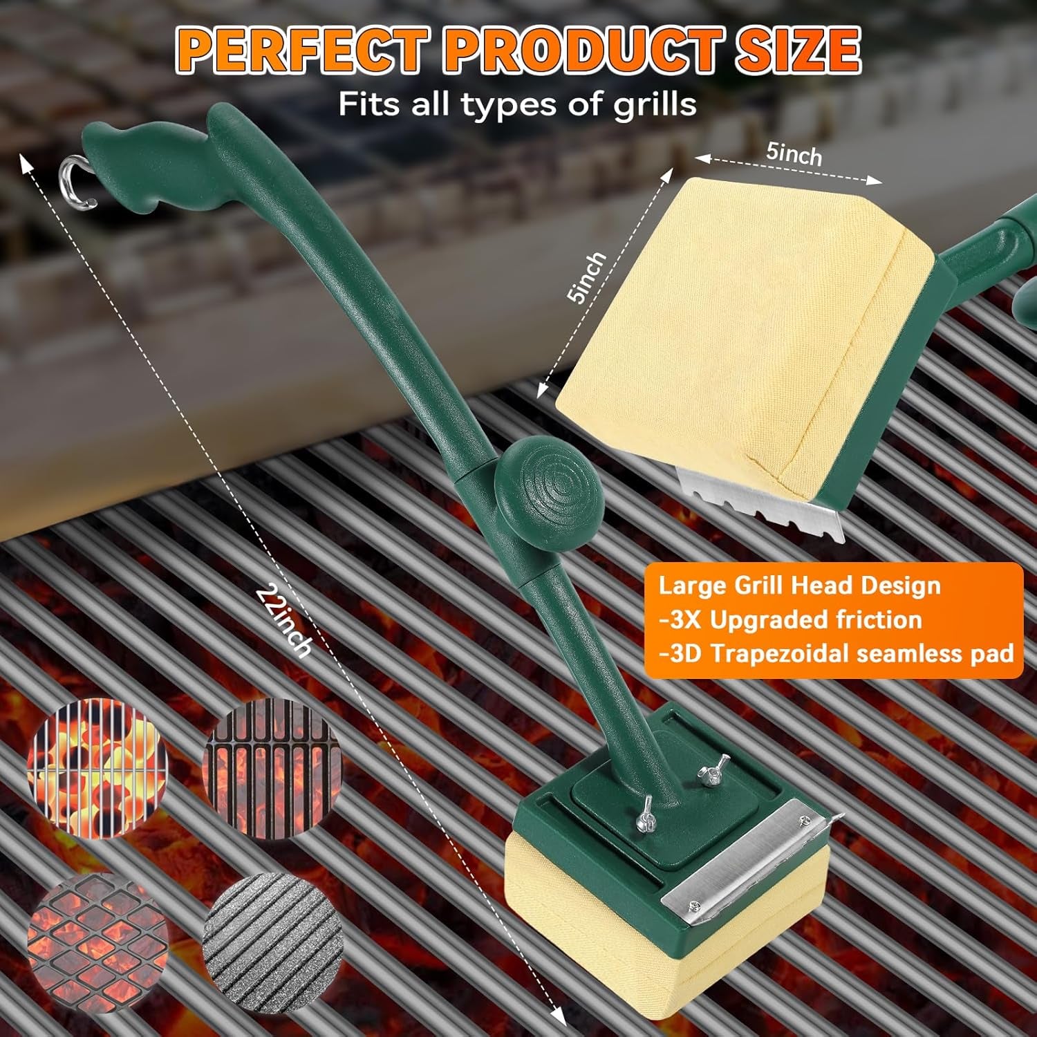 Bristle Free Grill Brush with Scraper 22 Inch Long Handle and Replaceable Head