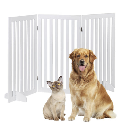 36''H Foldable Dog Gate with 3 Panels – Expandable Freestanding Pet Barrier for Doorways, Stairs, & More, Durable MDF, No Assembly, Anti-Slip Design