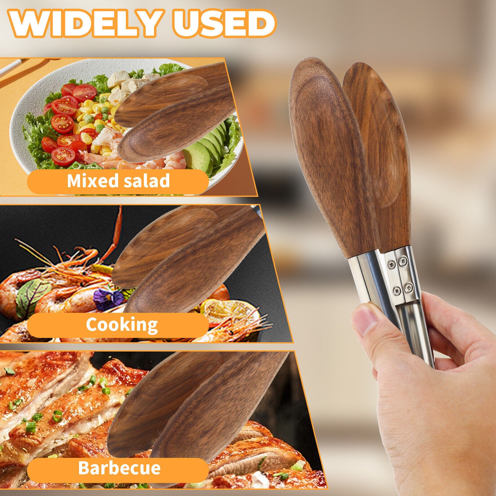 Walnut Wood Kitchen Tongs Food Serving Grill Multi Purpose Cooking Tongs