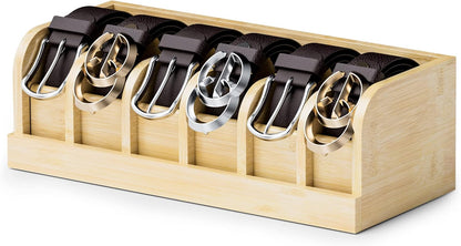 Bamboo Belt Organizer Box,6 Grids Belt Rack, Belt Organizer for Closet and Drawe