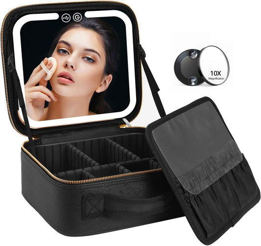 Travel Makeup Bag with LED Lighted Makeup Case with Mirror 3 Color Setting