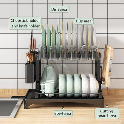 2-Tier Over Sink Dish Drying Rack | Automatic Drainage, Rustproof Kitchen Organizer, Space-Saving Dish Steel Drainer Baking Decor Plastic Set