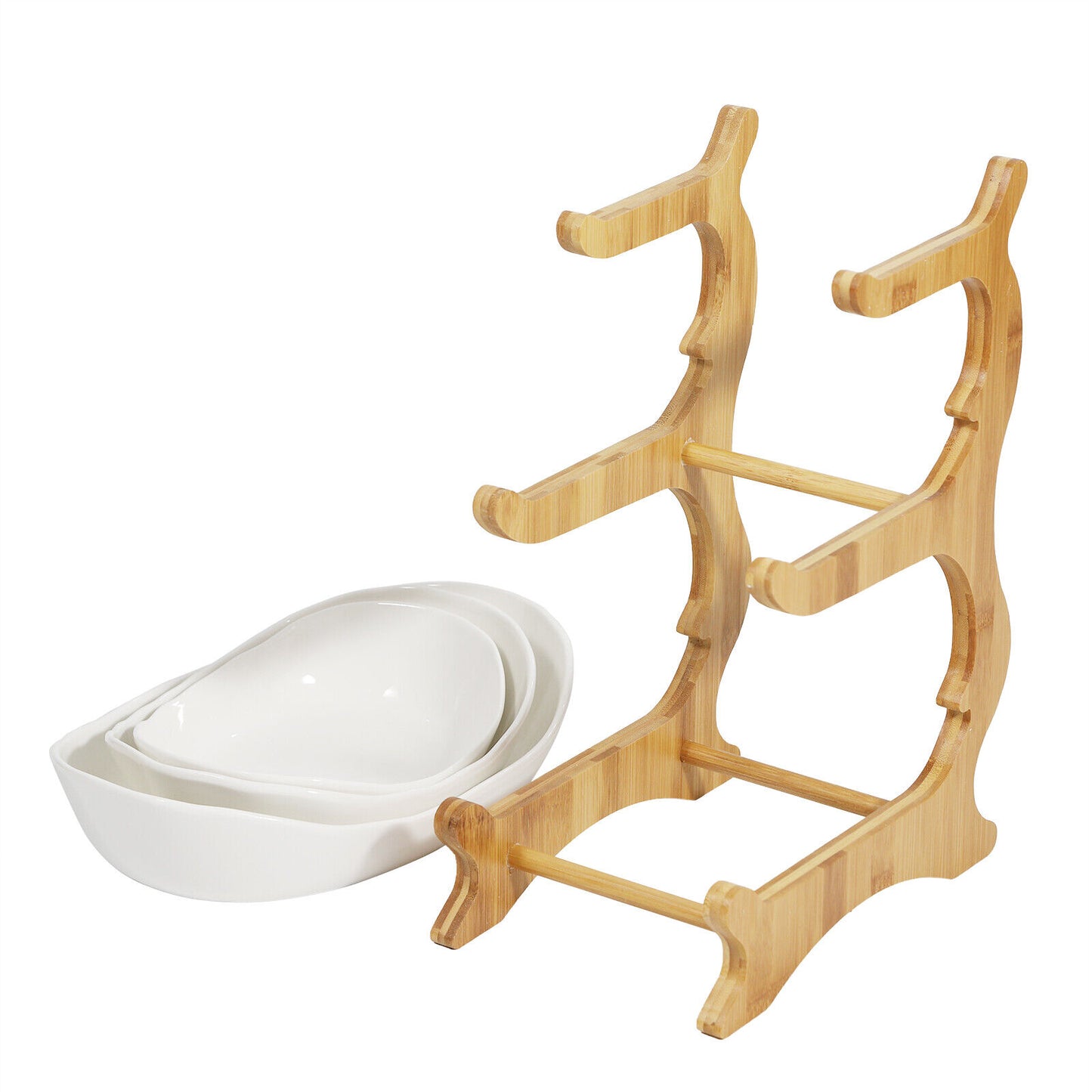 3-Tier Fruit Tray Storage Rack – Bamboo & Ceramic Stand for Snacks, Candy, Sushi – Elegant Display for Home, Parties, Weddings & More (White/Brown)