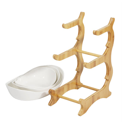 3-Tier Fruit Tray Storage Rack – Bamboo & Ceramic Stand for Snacks, Candy, Sushi – Elegant Display for Home, Parties, Weddings & More (White/Brown)