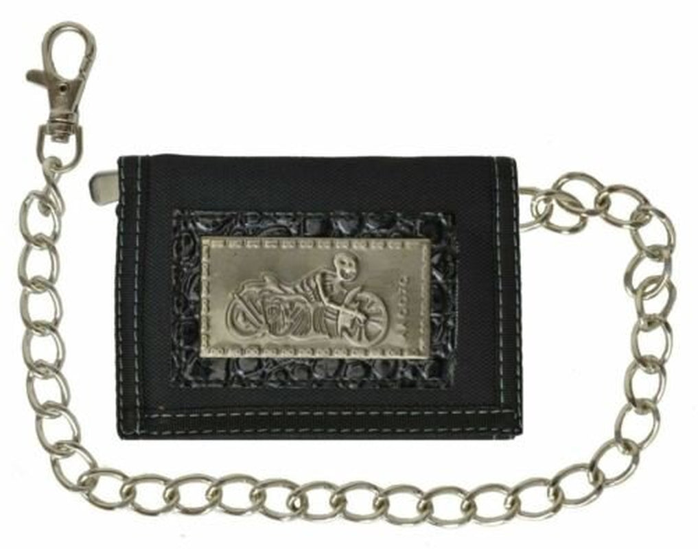 Men'S Tri-Fold Black Chain Wallet Motorcycle Rider Trucker Biker Wallet New