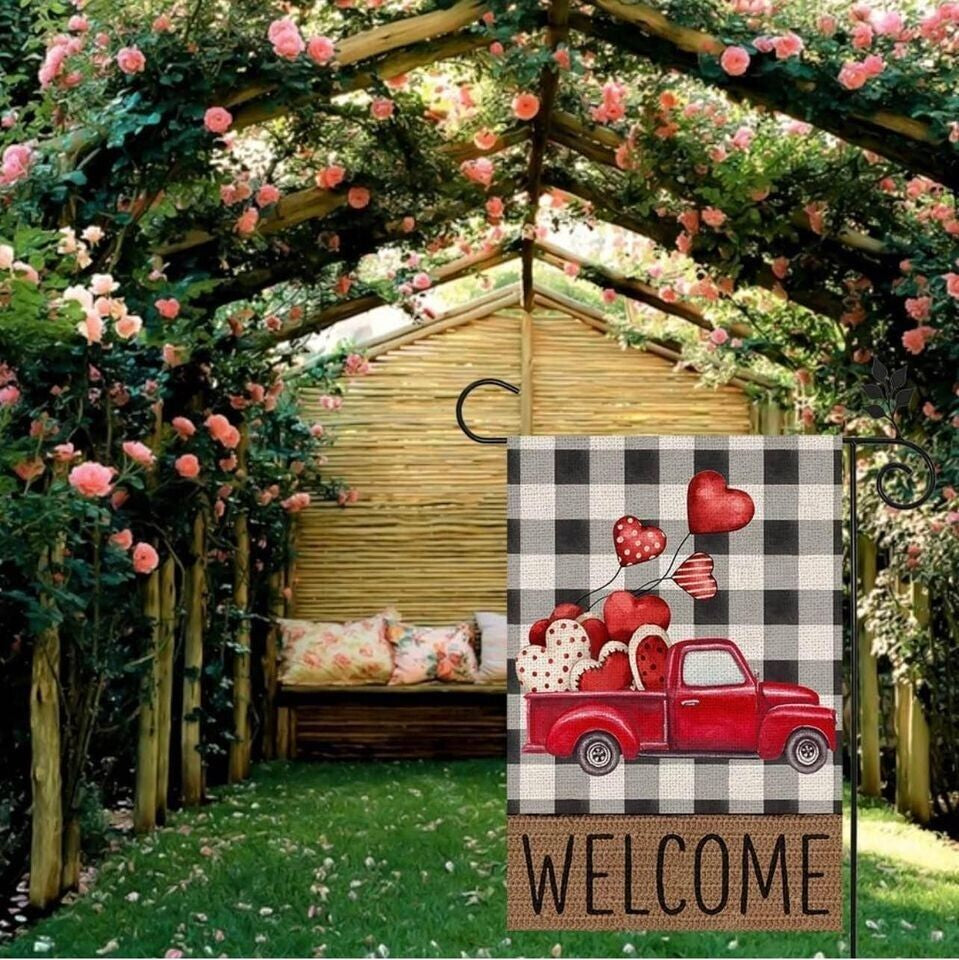 Valentine’s Day Garden Flag, Double-Sided Burlap Flag with Love Heart & Red Truck | Durable 12x18 Inch Yard Decor for Lawn, Porch & Patio