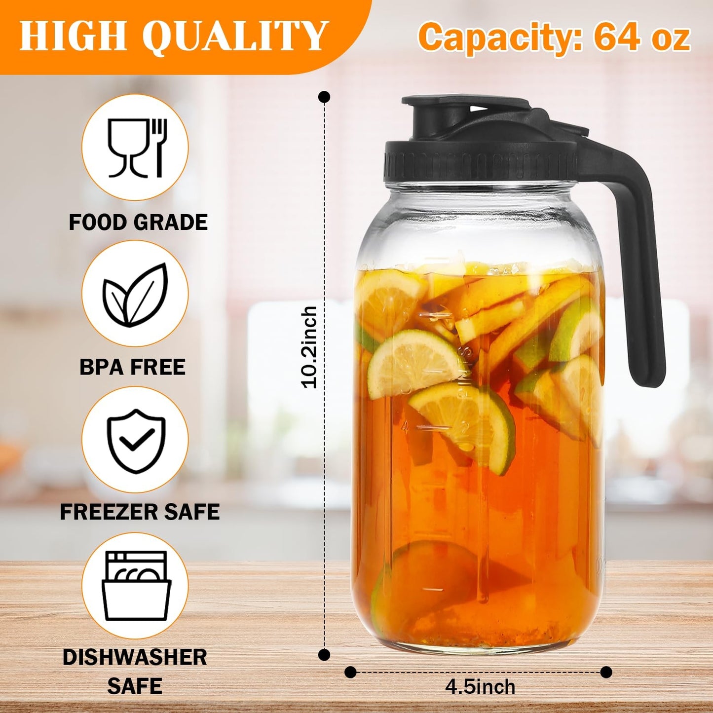 2 Pack Glass Pitchers with Lid 64 Oz Sun Tea Pitcher Half Gallon Mason Jar Pi...