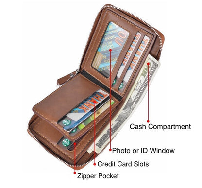 Men RFID Blocking Leather Bifold Wallet Credit Card ID Holder Zip around Purse