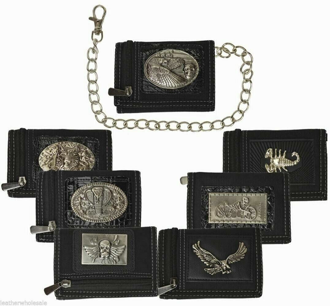 Men'S Tri-Fold Black Chain Wallet Motorcycle Rider Trucker Biker Wallet New