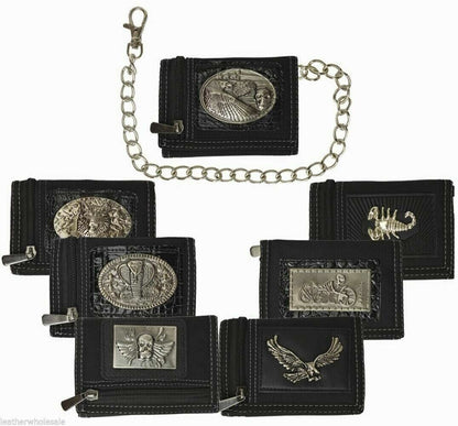 Men'S Tri-Fold Black Chain Wallet Motorcycle Rider Trucker Biker Wallet New