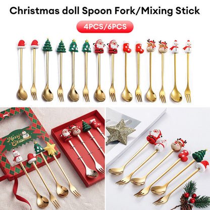 Christmas Themed Cutlery Set 6PCS Christmas Gift Glod Spoon Fork Set Elk Christmas Tree