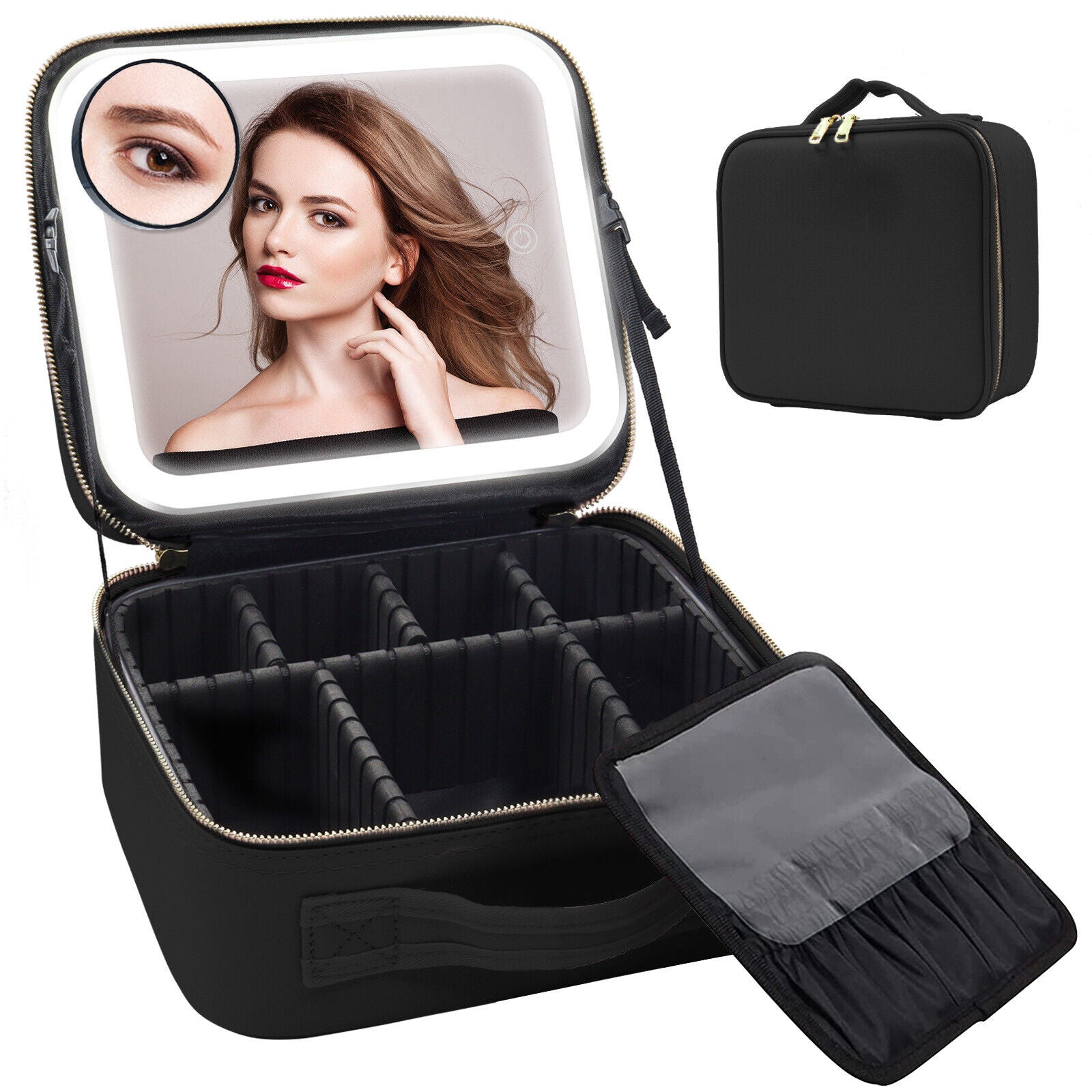 Makeup Bag Makeup Organizer with LED Mirror Travel Cosmetic Bag 76 Light Beads 3-Color Dimmable USB Rechargeable Large Capacity