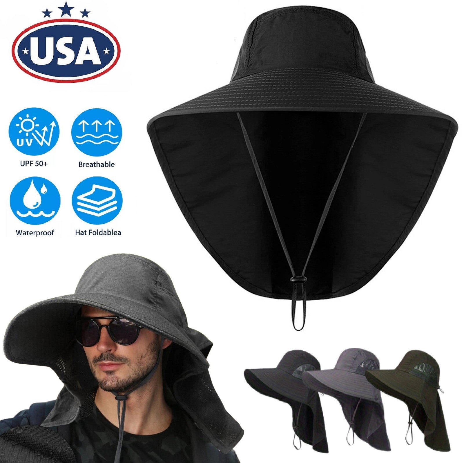 Wide Brim Sun Hat with Neck Flap UV Protection Hiking Fishing Cap Men Women US
