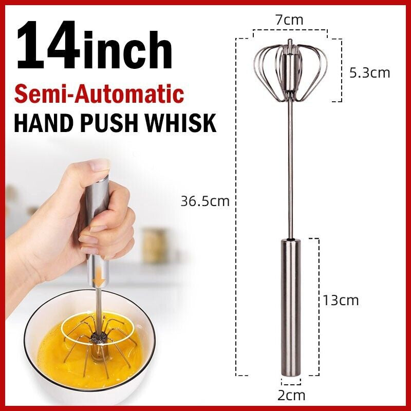 14 Inch Stainless Steel Semi-Automatic Whisk – Hand Push Egg Beater, Mixer & Blender, Cooking, Baking, Frothing, Kitchen Utensils Lightweight Portable