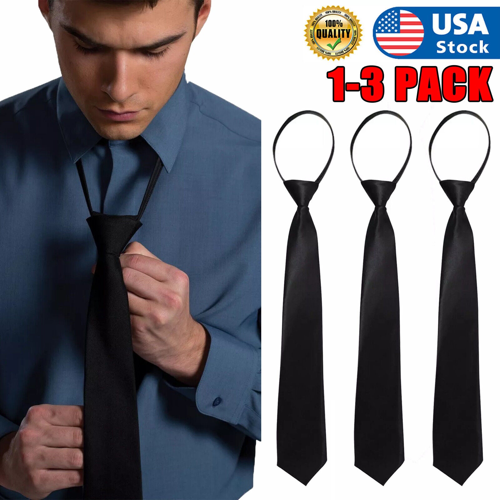 3× Men'S Black Pretied Necktie Men Adjustable Office Zipper Neck Tie Gifts USA