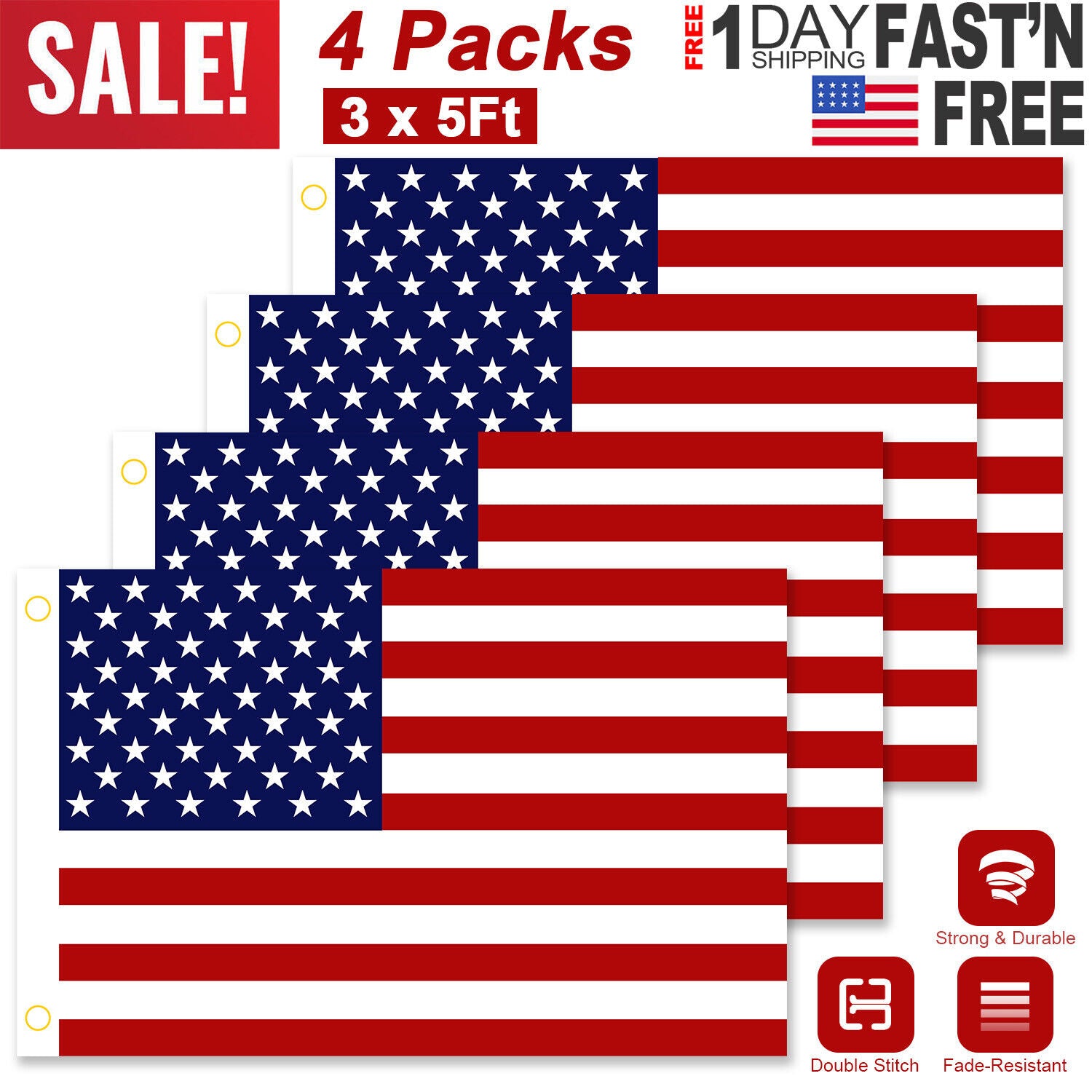 American Flag 4-Pack 3'x5' Polyester with Brass Grommets – Durable, Waterproof, UV Fade-Resistant, Vivid Colors, Perfect for Home or Outdoor Display