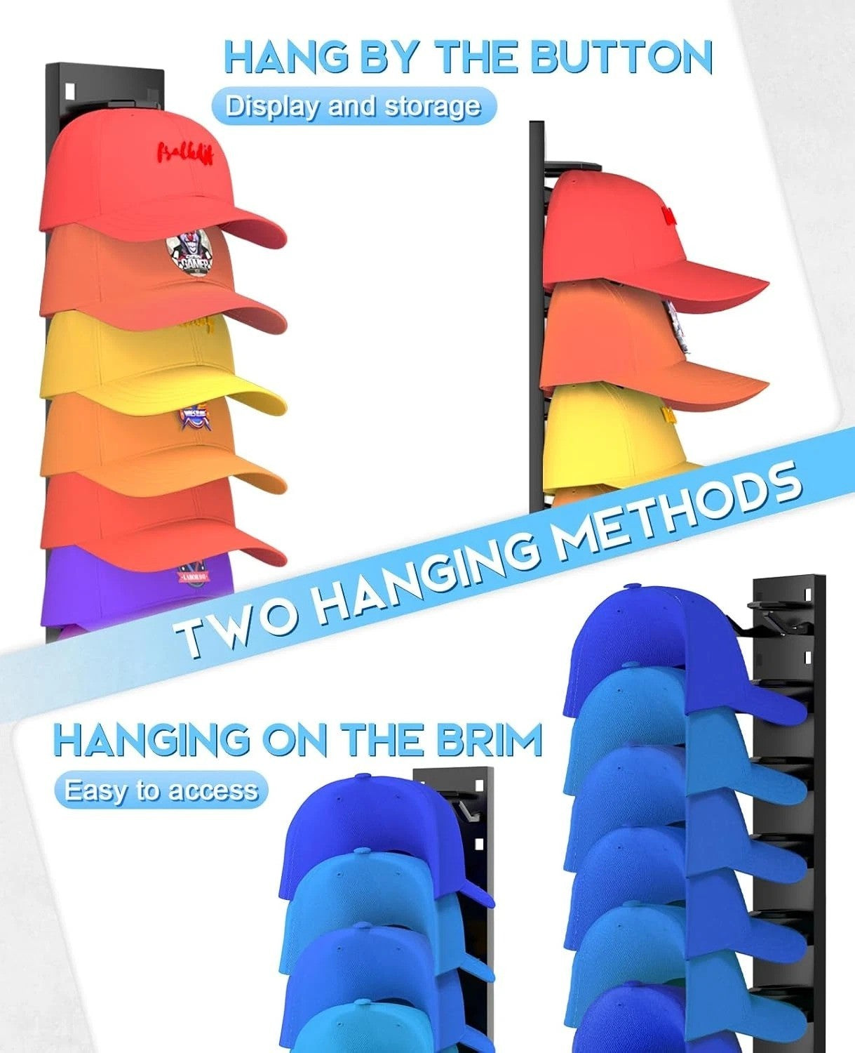 2 Pack Wall Mounted Hat Organizer for up to 18 Baseball Caps, Black