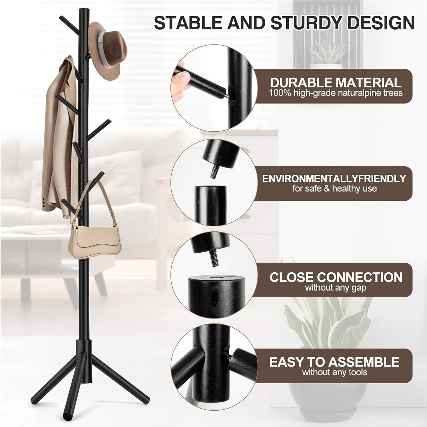 Modern Multifunctional Coat Hanger, Wooden Coat Rack Stand with Adjustable Height, 8 Hooks for Hats & Scarves - Space-Saving Entryway Organizer Sturdy