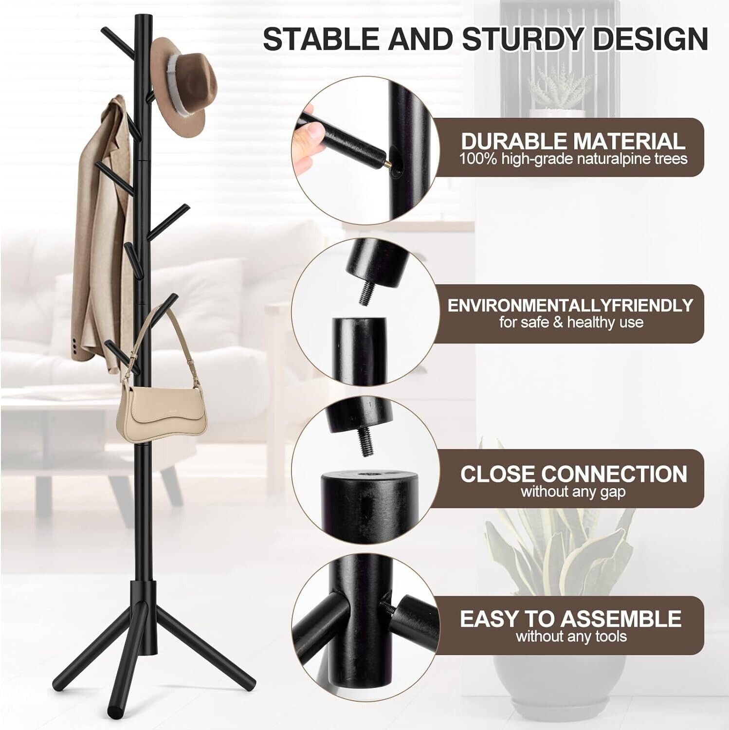 Modern Multifunctional Coat Hanger, Wooden Coat Rack Stand with Adjustable Height, 8 Hooks for Hats & Scarves - Space-Saving Entryway Organizer Sturdy