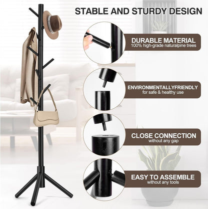 Modern Multifunctional Coat Hanger, Wooden Coat Rack Stand with Adjustable Height, 8 Hooks for Hats & Scarves - Space-Saving Entryway Organizer Sturdy