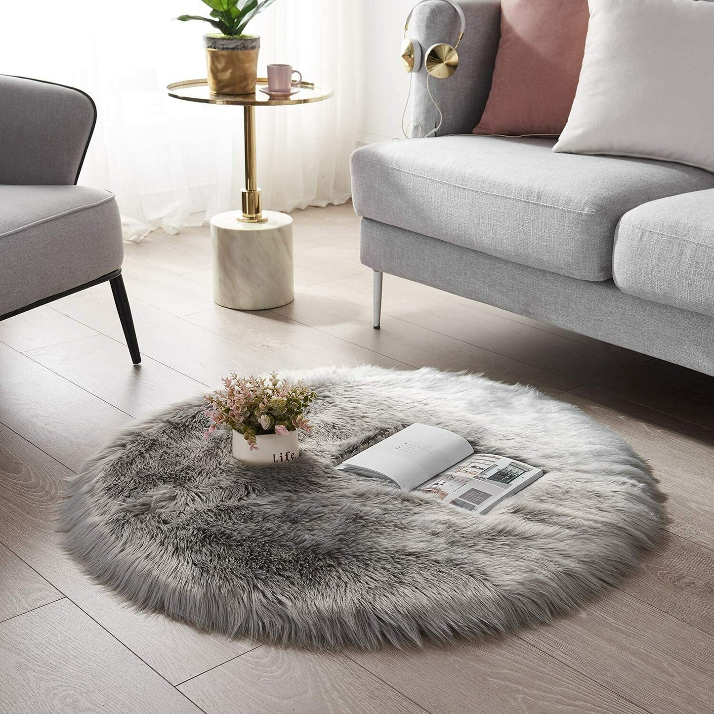 Faux Fur Sheepskin Fluffy Area Rugs round Shaggy Carpet for Bedroom Living Room