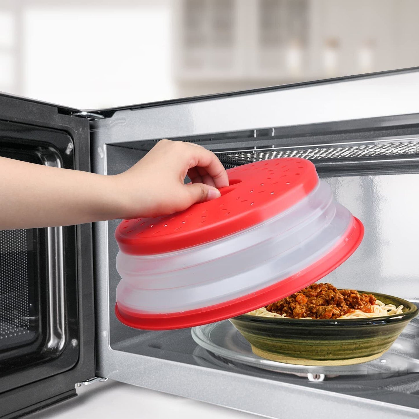 Microwave Food Cover Splatter Proof Vented Collapsible with Easy Grip Hand