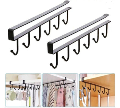 Under Shelf Mug Holder Rack - 2 Pack Nail-Free 6 Hook Cup Hanger, Space-Saving Kitchen Organizer for Mugs, Coffee Cups, Keys & More, Easy Install & Durable