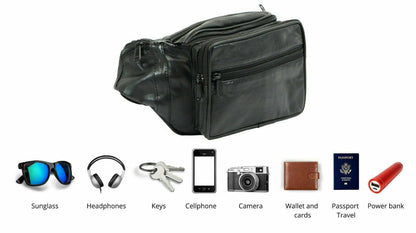 Fanny Pack Black Genuine Leather Waist Bag Travel Purse Hip Belt Carry on Pouch