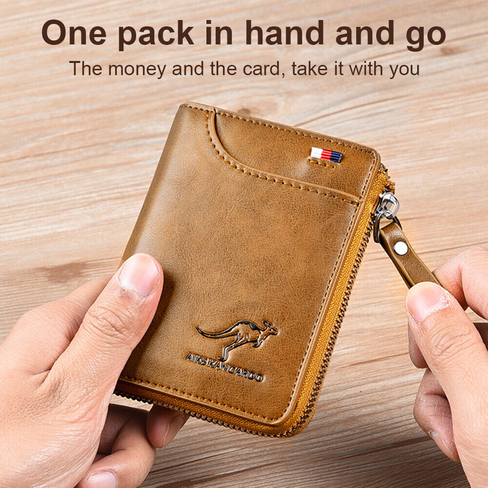 Mens RFID Blocking Leather Wallet | Credit Card Holder with ID Window Zipper | Waterproof Bifold Design | 14 Card Slots Cash Pocket | Stylish Durable