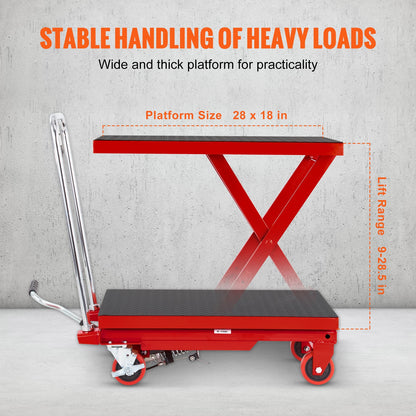 Hydraulic Lift Table Cart 500 Lbs Manual Scissor Lift Table 28.5" Red