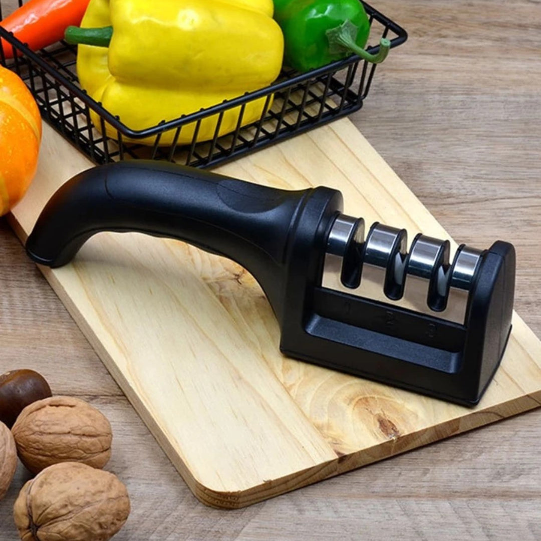 Knife Sharpener for Kitchen Knives, 4-in-1 Manual Blade Sharpener – Easy & Safe Tool for Restoring Sharp Edges at Home, Works on All Blades!