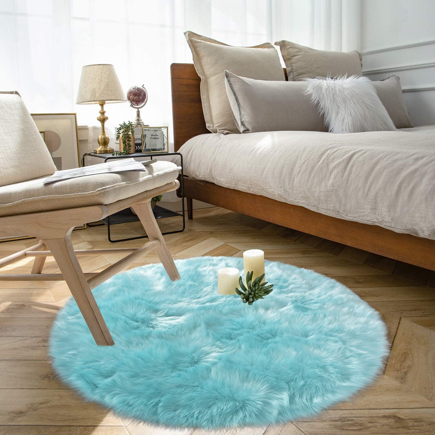 Faux Fur Sheepskin Fluffy Area Rugs round Shaggy Carpet for Bedroom Living Room