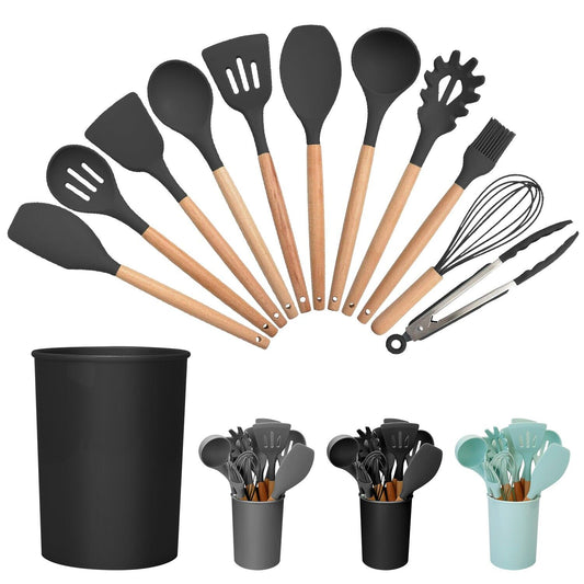 Silicone Kitchen Utensil Set - 11Pcs Heat-Resistant BPA-Free Cooking Tools with Wooden Handles & Holder, Non-Stick Safe, Easy to Clean & Space-Saving!