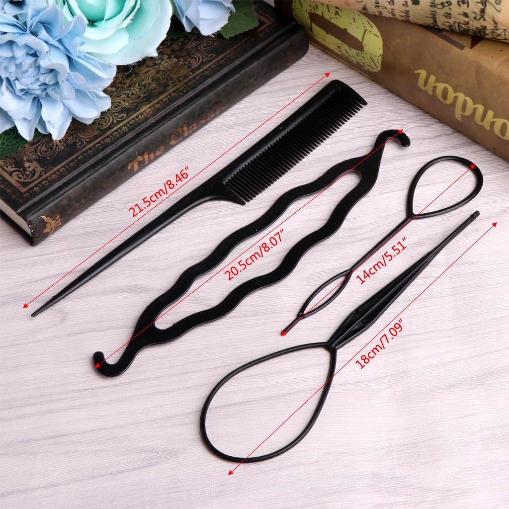 french hair pins, Black Hair Styling Tools Set - 4Pcs Hair Bun Maker, Twist Hair Tool, Pull Hair Clips & Comb for Easy Updos, Durable Haircare Kit