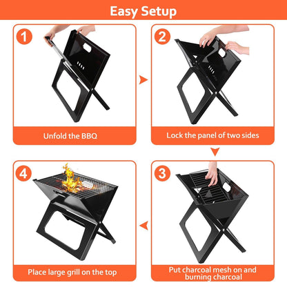 Portable Foldable BBQ Grill - Compact Charcoal Stove for Camping, Shish Kabob & Outdoor Cooking, Easy Setup, Durable, Lightweight, Large Cooking Area