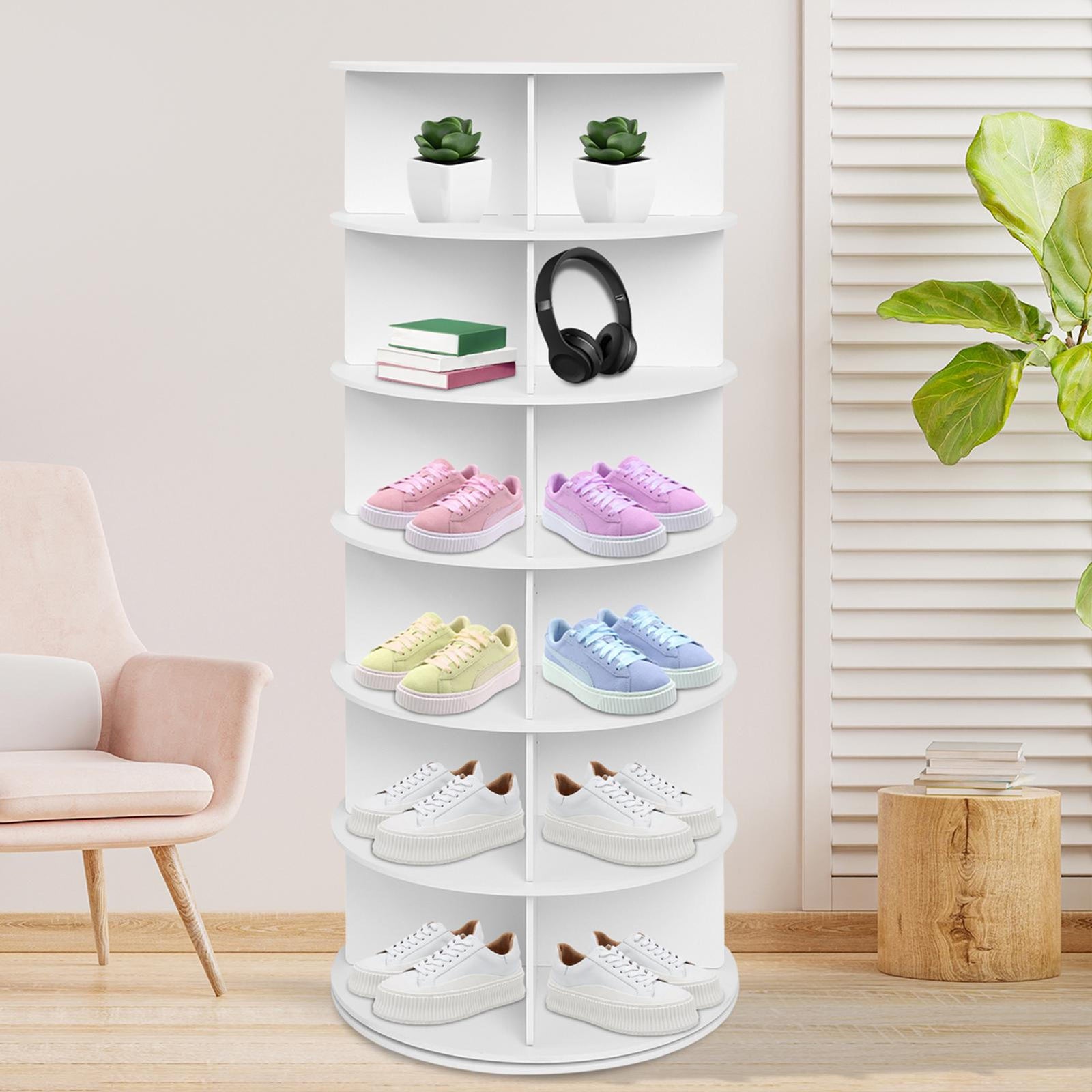 7-Tier Rotating Shoe Rack Tower 360° Spinning Shoe Display Carousel White