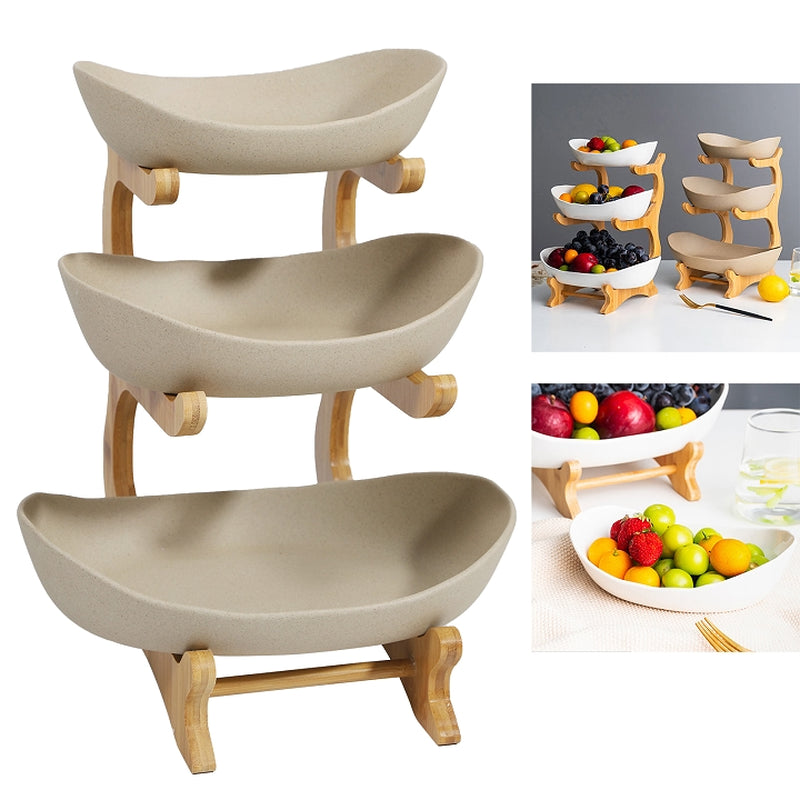 3 Layer Ceramic Fruit Plate Stand - Bamboo Kitchen Organizer for Fruits, Vegetables, Snacks & Sushi, Multi-Layer Storage Tray for Home & Party Display