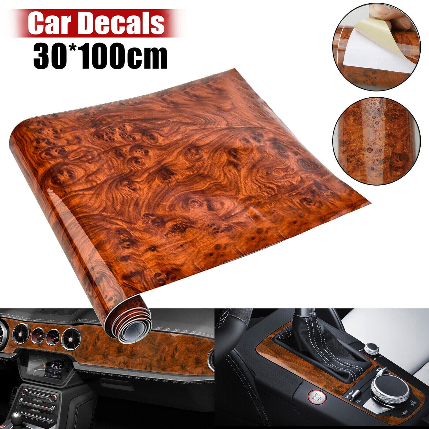 Car Interior Wood Grain Textured Glossy Vinyl Wrap Sticker DIY Decal Sheet Film