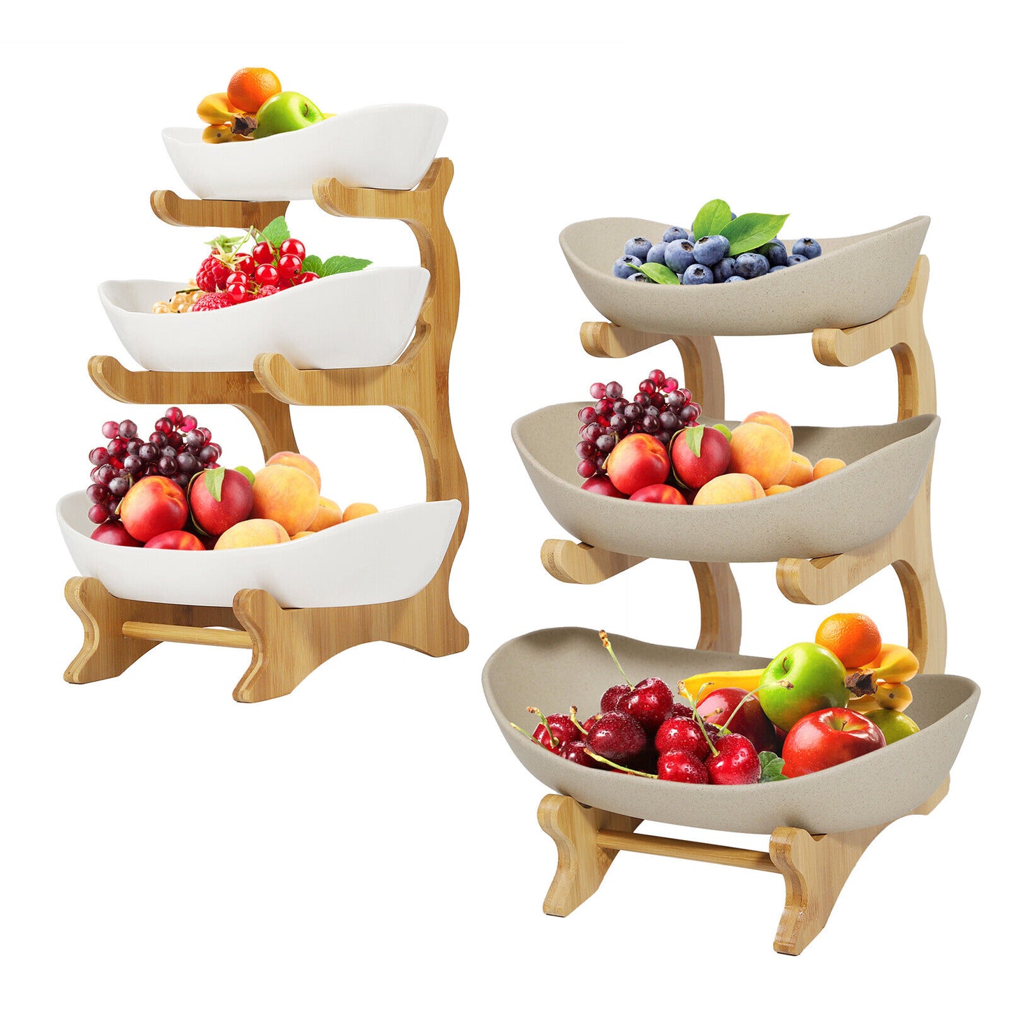 3-Tier Fruit Tray Storage Rack – Bamboo & Ceramic Stand for Snacks, Candy, Sushi – Elegant Display for Home, Parties, Weddings & More (White/Brown)