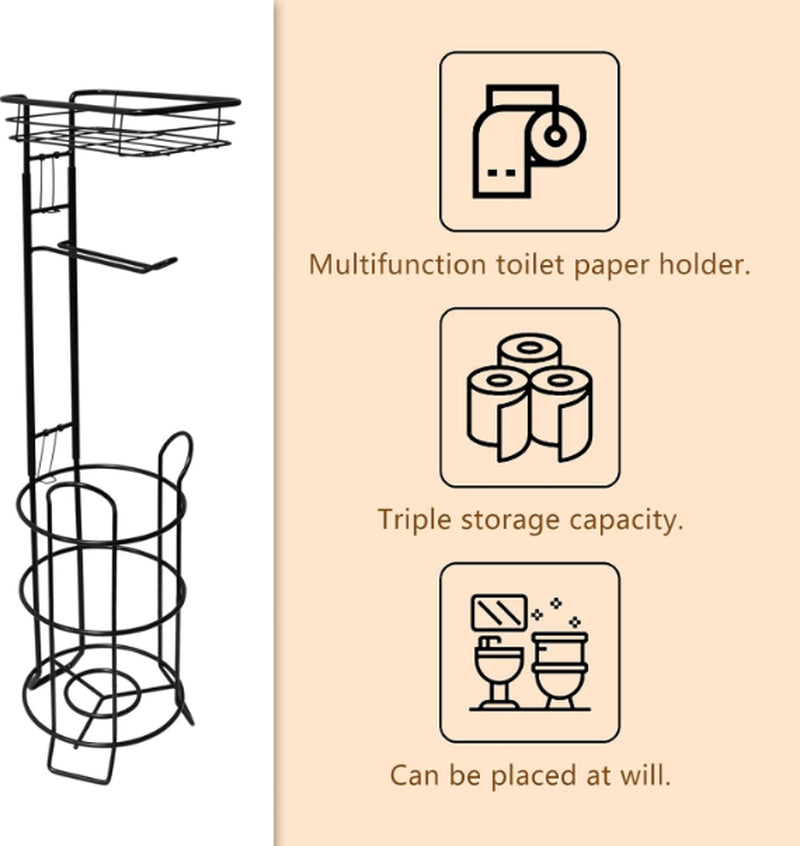 Toilet Paper Holder Stand with Storage Shelf & Bath Mat – Freestanding Bathroom Tissue Holder, Rustproof Steel, Holds 3 Rolls, No Drilling