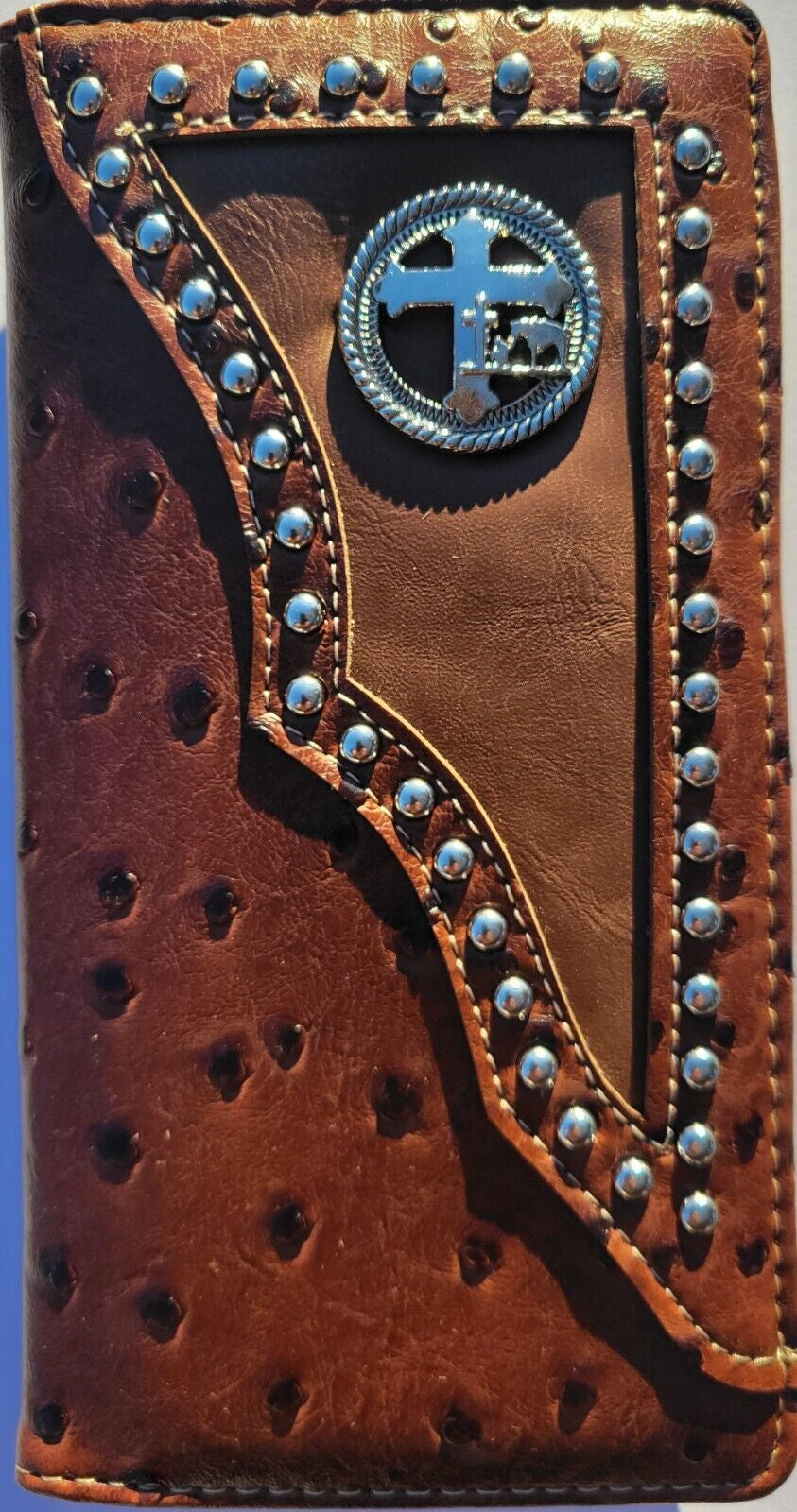 Longhorn Men Wallet Western Bifold Check Book Style W011-30 Ostrich Brown