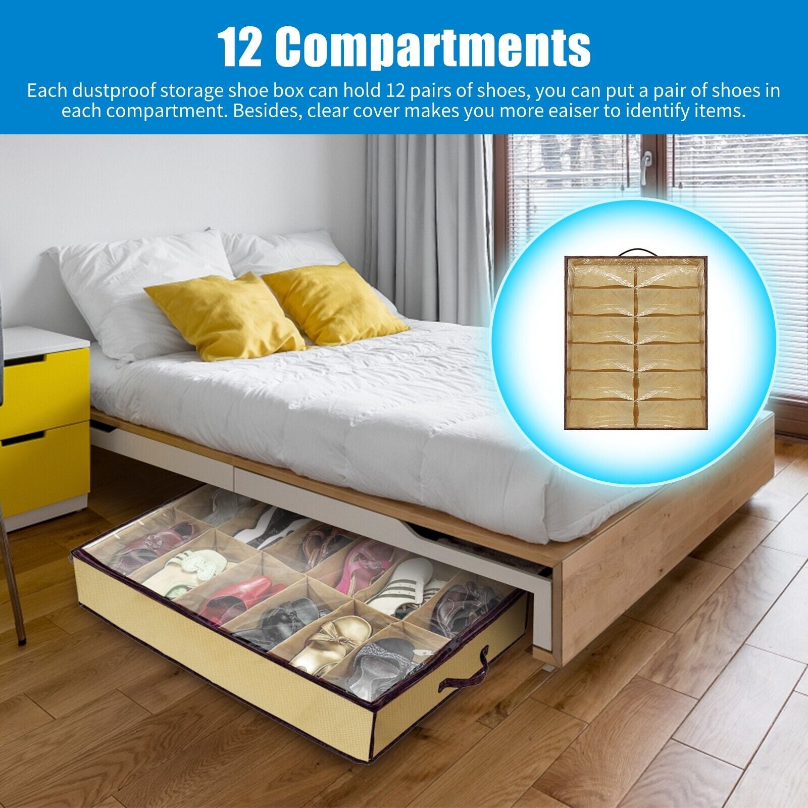 Organizer Storage Shoe Organizer Under Bed Storage with Clear Cover Holds 24 Pairs Dustproof Space Saving Box with Handles