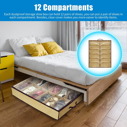 Shoe Organizer Set of 2 – Under Bed Storage Box with Zipper Cover, Holds 24 Pairs | Space-Saving Wardrobe Storage Solution, TikTok Closet Must-Have