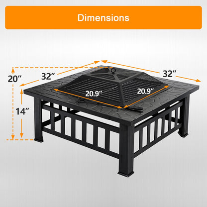 32'' Square Metal Fire Pit | Outdoor Patio & Backyard Stove w/ Mesh Lid, BBQ Grill, Poker & Heatproof Design – Rust-Resistant Sturdy Stylish