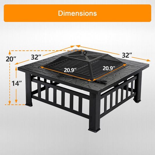 32'' Square Metal Fire Pit | Outdoor Patio & Backyard Stove w/ Mesh Lid, BBQ Grill, Poker & Heatproof Design – Rust-Resistant Sturdy Stylish