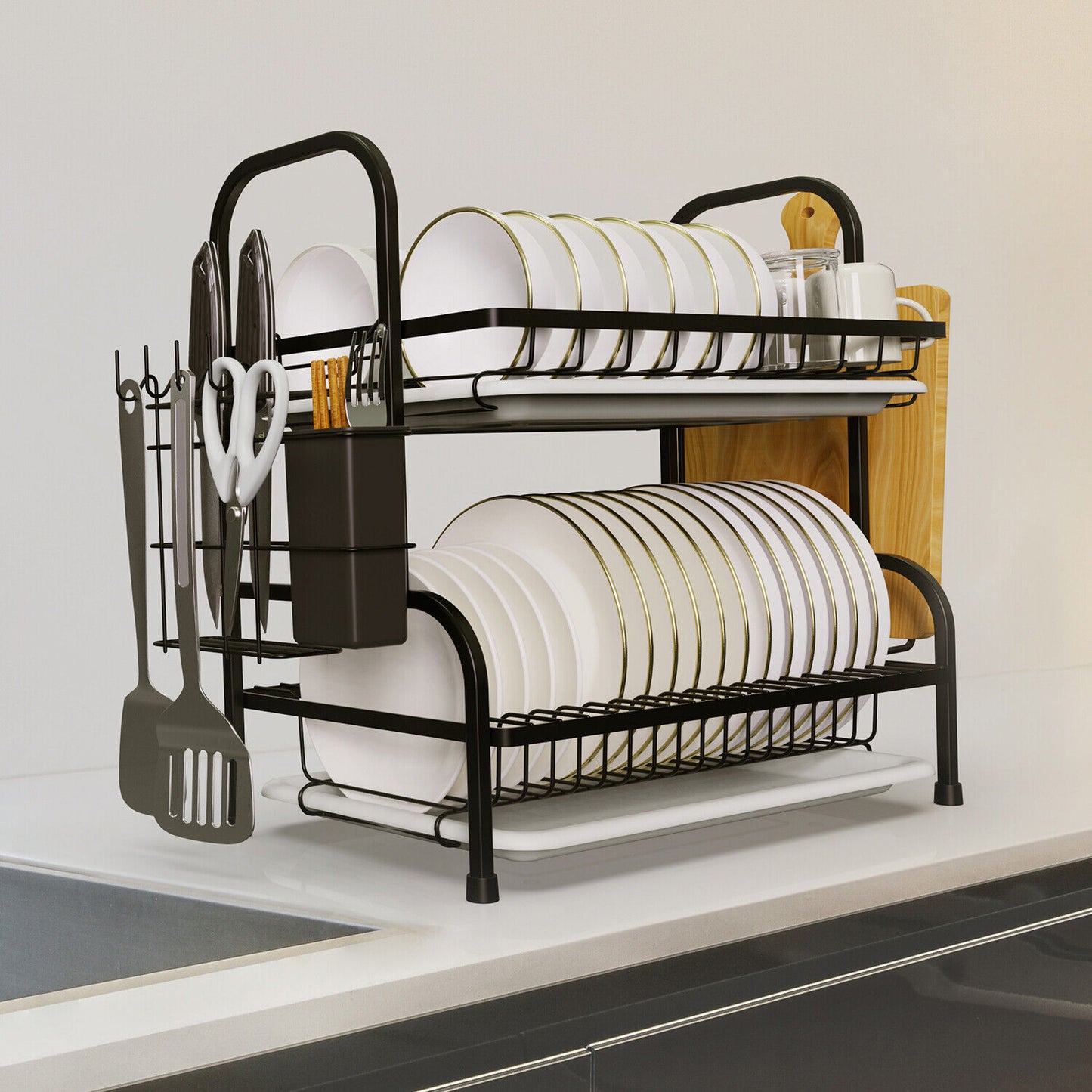 Over Sink Dish Drying Rack 2-Tier | Stainless Steel Kitchen Dish Rack with Drainboard, Utensil Holder, Cutting Board Rack | Space-Saving Organizer